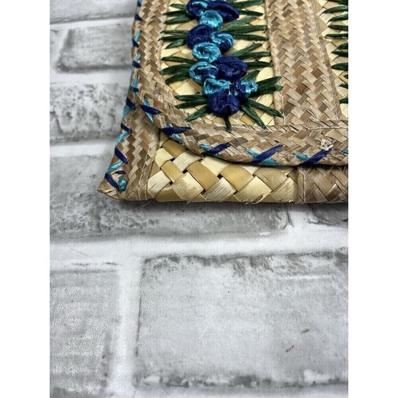 Vintage Straw Embroidered Floral Clutch Handbag Lined Snap Closure - Picture 12 of 12